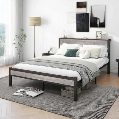 Image of Diahomy King Size Bed Frame Metal Platform Frames with Wood Headboard/Mattress Base/Underbed Storage/No Box Spring Needed/Gray/208x150cm