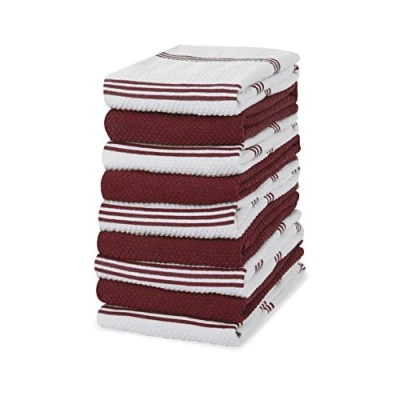 Image of Sticky Toffee 100% Cotton Terry Tea Towel Red &amp; Stripe Pattern, Pack of 9 Kitchen Set Absorbent, Strong, Quick Dry Machine Washable Home Bathroom Accessories