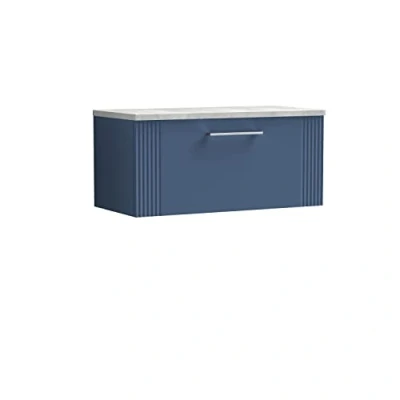 Image of nuie Modern Bathroom Wall Hung 1 Drawer Part Fluted Vanity Basin Unit with Laminate Bellato Grey Worktop, Satin Blue, 800mm