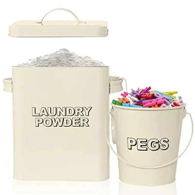 Image of Crystals Laundry Powder Bin, Washing Storage Tin, Metal Detergent Box with Scoop, Pegs Bucket, Airtight Lid and Handles for Storing Soap, Tablets &amp; other (Cream)