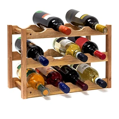 Image of Relaxdays small, bottle rack for 12 bottles of wine, H x W D: 28 21 42 cm, natural, wood, wine walnut with 3 levels
