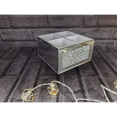 Image of Makeup Brush Holder Organiser Crushed Diamond Jewel Mirror Beauty Box Cup Container Storage Case, 4 Compartments Crystel On Swivel
