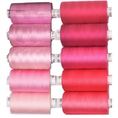 Image of Coats Moon Assorted Sewing Thread Box of 10 Reels x Polyester Over Locking 1000 Yards 120’s (Assorted Pinks)