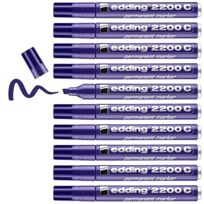 Image of edding 2200 C permanent marker purple box of 10 chisel tip 1 5 mm quick drying pen waterproof, smudge proof for cardboard, plastic, wood, metal, fabric