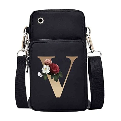 Image of FINDING CASE initial letter Printed Women Girls men Zipper Waterproof Nylon 3 Layers Crossbody Bags Wallet Cellphone Purse Shoulder Bag Wristlet Handbags Adjustable Strap (gold V)