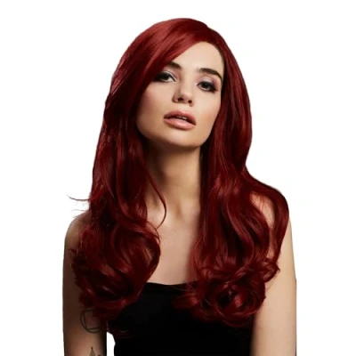 Image of Smiffys Fever Khloe Wig, True Blend, Ruby Red Long Wave, Centre Parting, 56cm/22in, Wigs Fancy Dress, Halloween Dress Accessories Up