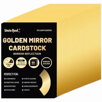 Image of A4 Golden Mirror Cardstock Paper, 60 Sheets 250gsm/92Ib Metallic Reflective Paper for Crafts, Foil DIY Projects Birthday Party Decoration UAP19GD60