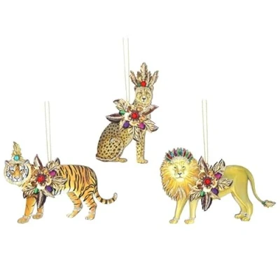 Image of Gisela Graham Wood/Jewel Big Cats (Tiger, Cheetah and Lion) Tree Hanging Decorations (Set of 3)