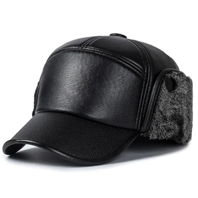 Image of LiuliuBull Winter Hat Men Russian Black Leather Cap with Ear Flaps Warm Baseball Cap(Gray)