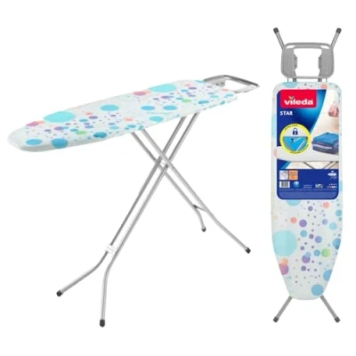 Image of Vileda Star Ironing Board With Hanger Hooks, Adjustable Height, Medium Surface 120 cm x 38 cm, 100% Cotton Cover Foam, Non Slip Feet, Kid Safe Pull And Lift Closing