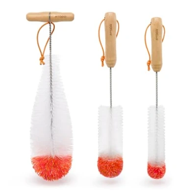 Image of ATDDO Bottle Brush, Set of 3 Brushes for Cleaning SodaStream, Long Handle Water Cleaner Brush Flask, Glass and Narrow Neck Bottles