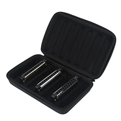Image of Harmonica Cases Bag, PU Leather Storage Case Black Zippered Carrying Bag replacement for 7 Harmonicas