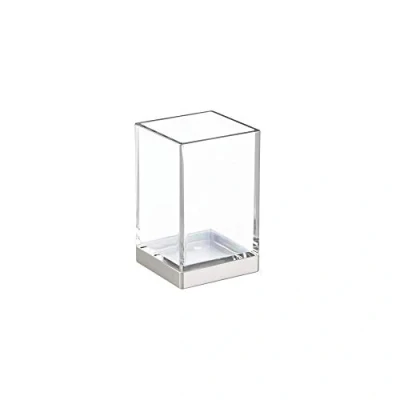 Image of iDesign 41180 Toothbrush Holder, Small Plastic Bathroom Caddy with Modern Design, Practical Organiser for Toothbrushes, Toothpaste, Makeup and More, Clear/Matte Silver, 6.35x6.35x10.16 cm