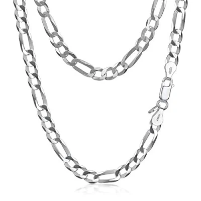 Image of Amberta Unisex 925 Sterling Silver Flat Figaro Chain Necklace: Width 0.55 cm Length 50 cm/20 in