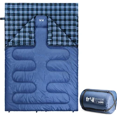 Image of Trail Luxury Double Sleeping Bag, Cotton Flannel Lined, Layer Fill, 3 to 4 Season, Envelope Bag with Compact Compression 2 x Adult, 220cm 150cm (300gsm)