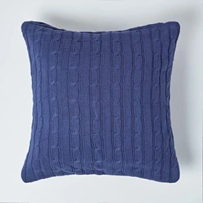 Image of HOMESCAPES Cable Knit Cushion Cover Navy 100% Cotton 18 x Inches Washable