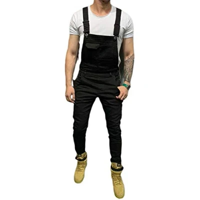 Image of N / D Men Denim Bib Workwear Jumpsuit Slim Fit with Pocket Casual Pants (Black, L)