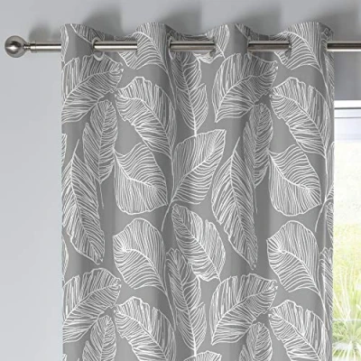 Image of Fusion Grey Leaf Curtains W66 x L54 (168 137cm) 2x Panels 100% Cotton Eyelet with Leaves Print Tropical and Drapes in Matteo Collection