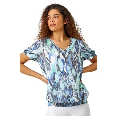 Image of Roman Originals Blouson Top for Women Ladies Stretchy Jersey Puff Sleeve Summer Smart Casual Office Work Spring Everyday Evening Vacation Holiday V Neck Blue Size 14