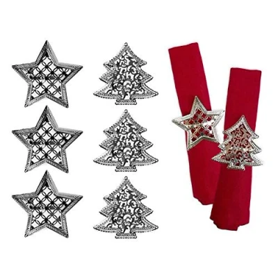 Image of YöL Set of 6 Napkin Rings Christmas Tree Star Xmas Silver Metal Elegant Table
