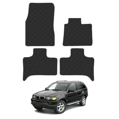 Image of Rubber Car Mats Compatible with BMW X5 (1999 2006) [E53] Tailored Fit Floor Set Accessory Black Custom 4 Pieces Clips Anti Slip Backing, Heavy Duty &amp; Waterproof