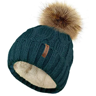 Image of TOSKATOK Ladies Chunky Soft Cable Knit Hat with Cosy Fleece Liner and Detachable Faux Fur Pompom Teal