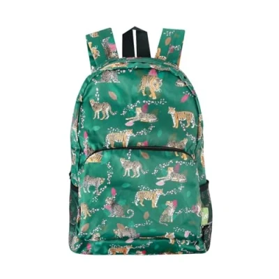 Image of ECO CHIC Lightweight Foldable Water Resistant Backpack Rucksack Folds into Pouch for Storage (Big Cat Green)