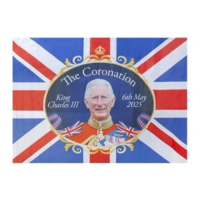 Image of British Coronation Flag 85cm x 60cm Rayon Union Jack with King Charles III Design United Kingdom King&#039;s Street Party Decoration
