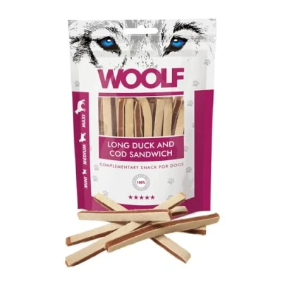 Image of WOOLF Long Duck and Cod Sandwich Dog Treat Complimentary Snacks for Dogs. All Natural Ingredients High Meat Content, Free from Artificial Additives. Suitable Dogs (100g)
