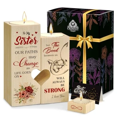 Image of CROWNLY CRYSTAL® Sister Birthday Gifts For Women Candle Holders with Wooden Hearts from Personalised Sentimental Presents