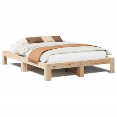 Image of vidaXL Double Bed Frame Pine Wood Brown 140x190 cm Slatted Base Extra Storage Modern Style