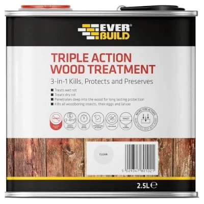 Image of Everbuild Triple Action (Kills, Protects And Preserves) Wood Treatment Lasting Protection From Damage Caused By Rot, Fungi Boring Insects Clear 2.5 Litre
