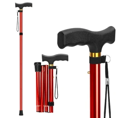 Image of supregear Folding Cane, Lightweight 5 Level Adjustable Walking Stick with Wrist Strap and T Handle, Portable Mobility Aid for Elderly Disabled Men Women, Red