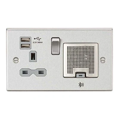 Image of KnightsBridge 13A Socket, USB chargers (2.4A), &amp; Bluetooth Speaker Square Edge Brushed Chrome with grey insert