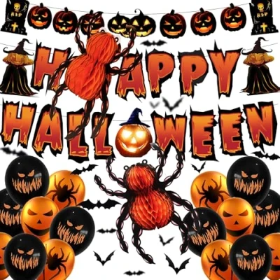 Image of YBwanli halloween party decorations,halloween decoration pack,indoor decorations Include:Big Spider,halloween garland,halloween balloons, pumpkin garland,A spooky pack