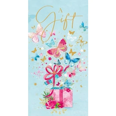 Image of Money Wallet Gift Card &amp; Envelope Butterflies Flowers and Gold Foil 7&quot;x3.5&quot;