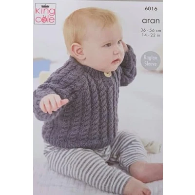 Image of King Cole Baby Aran Knitting Pattern V or Round Neck Cardigan &amp; Sweater (6016)