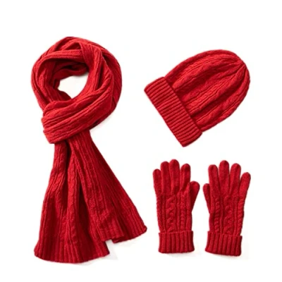 Image of Villand 3 in 1 Womens Wool Hat Gloves &amp; Scarf Winter Set, Piece Cable Knitted Beanie for Women with Gift Box (Burgundy)