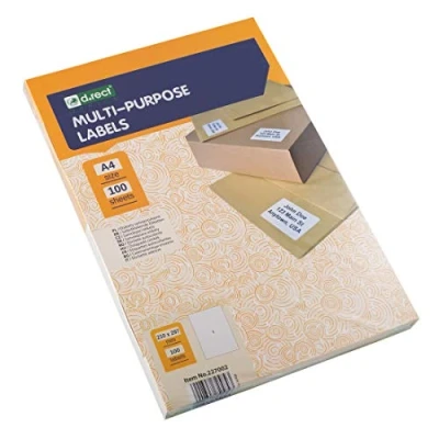 Image of D.RECT Adhesive Labels Universal (210x297mm on A4) Self Printable 100 Sheets Pack of 1 Label Sheet Pieces White