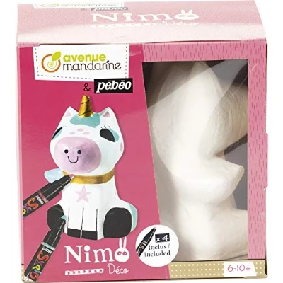 Image of Avenue Mandarine Ref PP032C Nimo Deco Activity Box Michelle the Unicorn Includes 4 x Pébéo Markers, Papier Maché Animal to Decorate, Suitable for Ages 6 10+