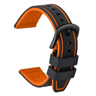 Image of ULLCHRO Silicone Watch Strap Replacement Rubber Band Waterproof Bicolor Men Women 20, 22, 24, 26mm Bracelet with Brushed Stainless Steel Buckle Black (20mm, &amp; Orange)