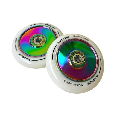 Image of BOLDCUBE Stunt Scooter Wheels 100mm Pair Pro Alloy Core ABEC9 Bearings (Solid: Chrome/White, 2 Wheels)