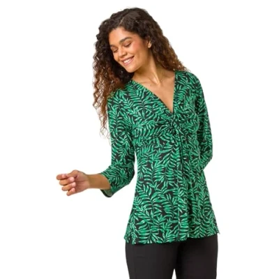 Image of Roman Petite Floral Twist Stretch Top for Women UK Ladies Autumn Everyday Winter Holiday V Neckline Comfy Short Sleeve Soft Knot Detail Blouse Daywear Shirts Green Size 12