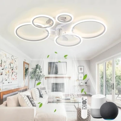 Image of KeLuKes Ceiling Fan with Light Compatible Alexa and Google Assistant, 100cm Living Room Light, Silent Timer Dimmable Reversible Ring Fans Lamps, White