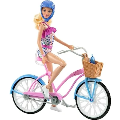 Image of Barbie Doll and Bike Playset with (11.5 in, Blonde), Bicycle Rolling Wheels &amp; Water Bottle Accessory, Gift for 3 to 7 Year Olds,Blue,pink,white