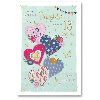 Image of ICG Special Daughter 13th Birthday Card Age 13 Love Heart Balloons, Butterfly and Flowers Embossed with Foil Details