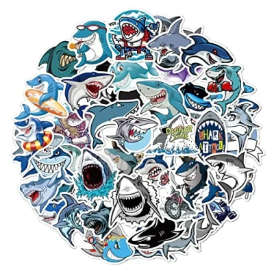 Image of Shark Stickers, Cool Animal Gift for Kids Teen Adult, Lovely Waterproof Vinyl Decals Laptop Water Bottles Skateboard Bike Car Helmet Luggage Guitar Scrapbook Phone Pad [50PCS]