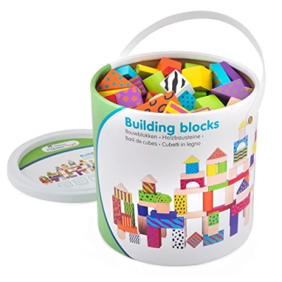 Image of New Classic Toys 10813 Wooden Fantasy Building Blocks in Drum Educational Perception Toy for Preschool Age Toddlers Boys Girls, 100 Pieces Colored