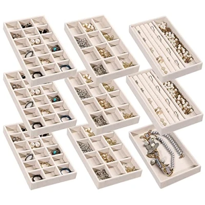 Image of Frebeauty Jewelry Organizer Tray,Stackable Velvet Trays,Drawer Inserts Earring for Women Girls Storage Display Case Rings Stud Necklaces,Set of 9(Beige)