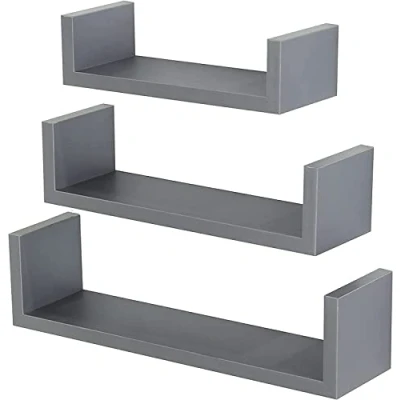 Image of HOMION Floating Shelf Set Of 3 Different Sizes U Shape Wooden DIY Display Unit Shelves shaped (Grey)
